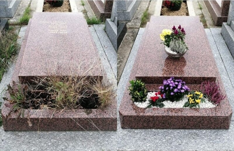 tombe en marbre avant et après nettoyage